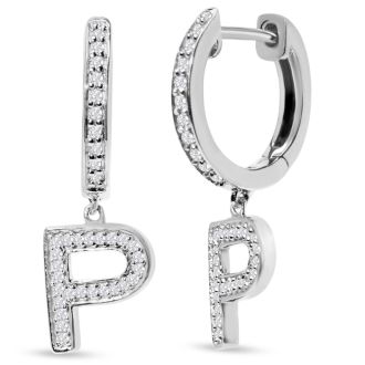 Sterling Silver Letter P Initial Earrings, Diamond Drop Earrings – Personalized Initial Jewelry