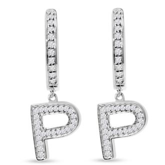 Sterling Silver Letter P Initial Earrings, Diamond Drop Earrings – Personalized Initial Jewelry
