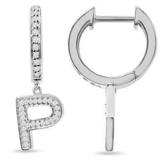 Sterling Silver Letter P Initial Earrings, Diamond Drop Earrings – Personalized Initial Jewelry