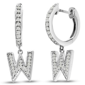 Sterling Silver Letter W Initial Earrings, Diamond Drop Earrings – Personalized Initial Jewelry