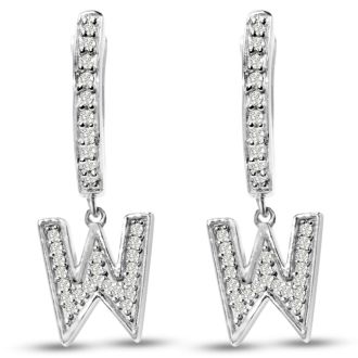 Sterling Silver Letter W Initial Earrings, Diamond Drop Earrings – Personalized Initial Jewelry