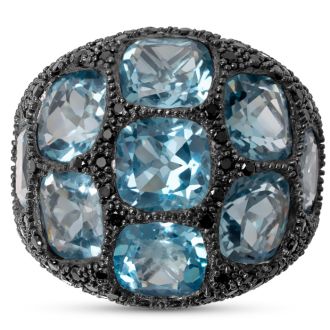 Bold 9 Carat Blue Topaz and Black Spinel Statement Dome Ring In Sterling Silver