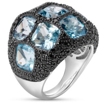 Bold 9 Carat Blue Topaz and Black Spinel Statement Dome Ring In Sterling Silver