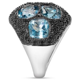 Bold 9 Carat Blue Topaz and Black Spinel Statement Dome Ring In Sterling Silver