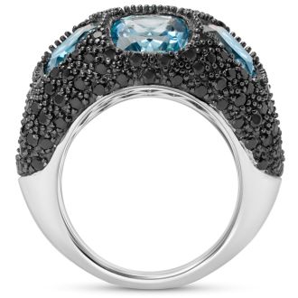 Bold 9 Carat Blue Topaz and Black Spinel Statement Dome Ring In Sterling Silver