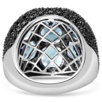 Bold 9 Carat Blue Topaz and Black Spinel Statement Dome Ring In Sterling Silver