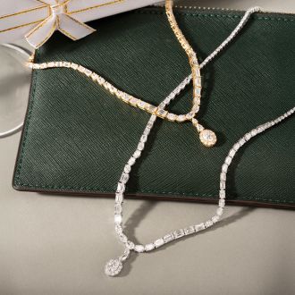 12 Carat Fancy Shape Lab Grown Diamond Tennis Necklace With Drop In 14K White Gold, 16 Inches