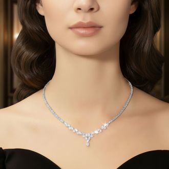 15 Carat Fancy Shape Lab Grown Diamond Tennis Necklace With Drop In 14K White Gold, 16 Inches