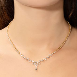 15 Carat Fancy Shape Lab Grown Diamond Tennis Necklace With Drop In 14K Yellow Gold, 16 Inches