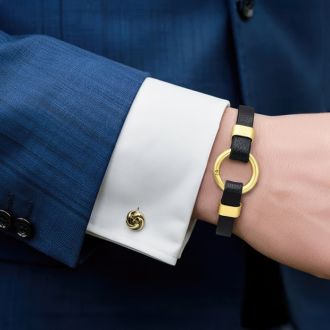 Bruno Magli Mens Black Leather Bracelet, Gold