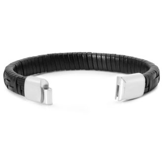 Bruno Magli Mens Classic Black Leather Bracelet, Silver