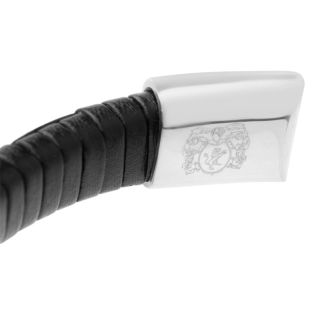 Bruno Magli Mens Classic Black Leather Bracelet, Silver