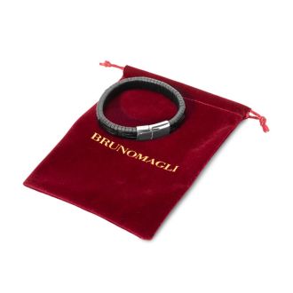 Bruno Magli Mens Classic Black Leather Bracelet, Silver