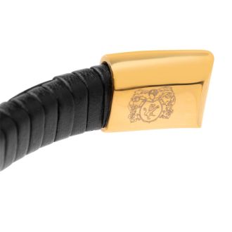Bruno Magli Mens Classic Black Leather Bracelet, Gold