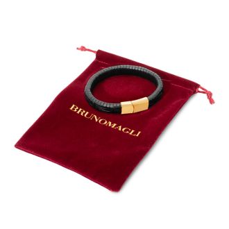 Bruno Magli Mens Classic Black Leather Bracelet, Gold