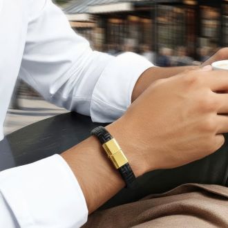 Bruno Magli Mens Classic Black Leather Bracelet, Gold