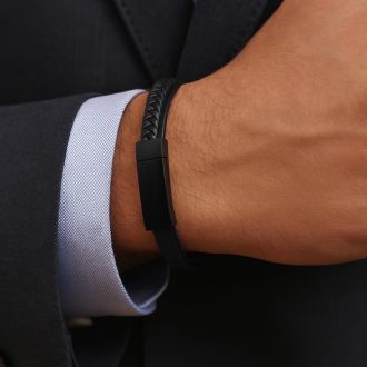 Bruno Magli Mens Double Strand Leather Bracelet, Black