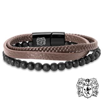 Bruno Magli Mens Leather Bracelet With Lava Beads, Mahogany