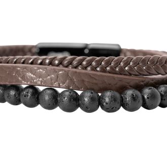 Bruno Magli Mens Leather Bracelet With Lava Beads, Mahogany