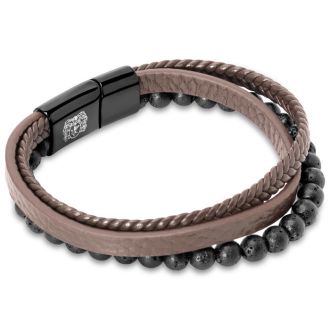 Bruno Magli Mens Leather Bracelet With Lava Beads, Mahogany