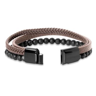 Bruno Magli Mens Leather Bracelet With Lava Beads, Mahogany