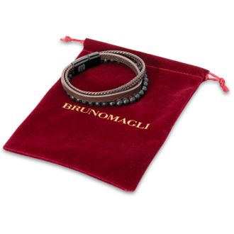 Bruno Magli Mens Leather Bracelet With Lava Beads, Mahogany