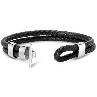 Bruno Magli Mens Black Leather Toggle Leather Bracelet, Silver
