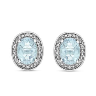 3 Carat Aquamarine and Diamond Halo Stud Earrings