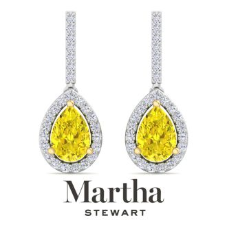Martha Stewart 2 1/2 Carat Pear Shape Fancy Yellow Lab Grown Diamond Drop Earrings In 14 Karat White Gold