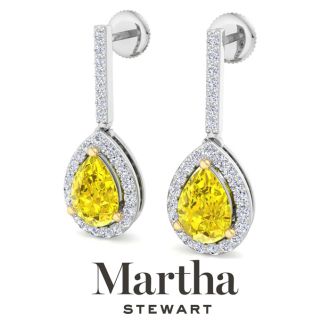 Martha Stewart 2 1/2 Carat Pear Shape Fancy Yellow Lab Grown Diamond Drop Earrings In Sterling Silver