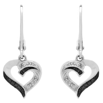 Estate Jewelry Black and White Diamond Heart Earrings In Sterling Silver With Leverbacks