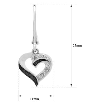 Estate Jewelry Black and White Diamond Heart Earrings In Sterling Silver With Leverbacks
