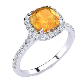 Citrine Ring: 2 Carat Cushion Cut Citrine and Halo Diamond Ring In Sterling Silver