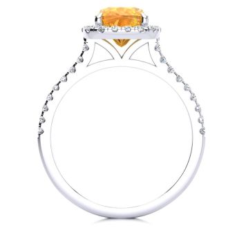 Citrine Ring: 2 Carat Cushion Cut Citrine and Halo Diamond Ring In Sterling Silver