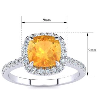 Citrine Ring: 2 Carat Cushion Cut Citrine and Halo Diamond Ring In Sterling Silver