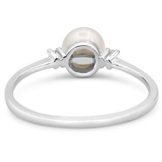 Round Freshwater Cultured Pearl and Diamond Accent Ring In 14 Karat White Gold, Great For Ring Finger Or Pinky!