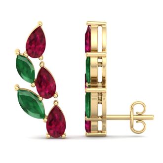 2 1/4 Carat Emerald and Ruby Earring Climbers In 14 Karat Yellow Gold