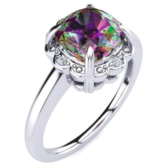 2 Carat Cushion Shape Mystic Topaz Ring With Diamonds in 10 Karat White Gold
