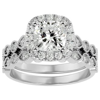 Moissanite Engagement Ring; 2 1/2 Carat Cushion Cut Moissanite Bridal Set In 14 Karat White Gold