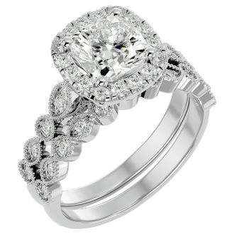 Moissanite Engagement Ring; 2 1/2 Carat Cushion Cut Moissanite Bridal Set In 14 Karat White Gold