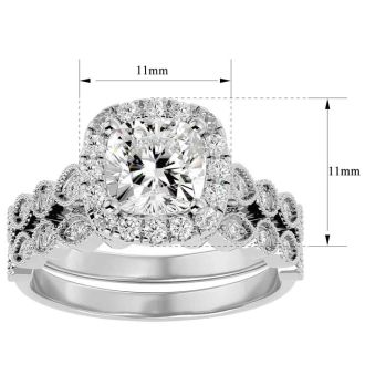 Moissanite Engagement Ring; 2 1/2 Carat Cushion Cut Moissanite Bridal Set In 14 Karat White Gold