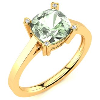 2ct Cushion Cut Green Amethyst and Diamond Ring in 10K Yellow Gold