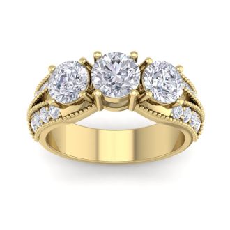 Estate Jewelry 3 Carat Lab Grown Diamond Ring in 14 Karat Yellow Gold, Size 5