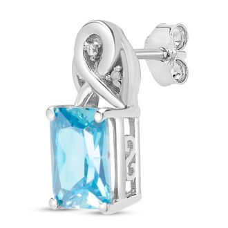 Estate Jewelry Emerald Shape Blue Gemstone Earrings In Sterling Silver