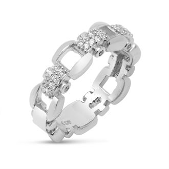 Estate Jewelry Fancy Chain Link Ring With Zirconia In Sterling Silver, Size 7