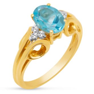 Estate Jewelry Oval Shape Blue Topaz Ring In 14 Karat Yellow Gold, Size 6.5