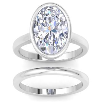 5 Carat Oval Shape Lab Grown Diamond Ring With Matching Band In Platinum, Solitaire Bezel Setting