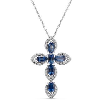 Estate Jewelry Diamond & Sapphire Cross Necklace In 14 Karat White Gold, 18 Inches