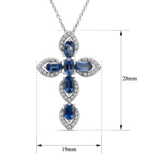 Estate Jewelry Diamond & Sapphire Cross Necklace In 14 Karat White Gold, 18 Inches