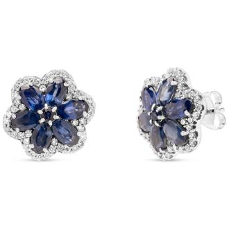 Estate Jewelry Diamond & Sapphire Flower Cluster Earrings In 14 Karat White Gold